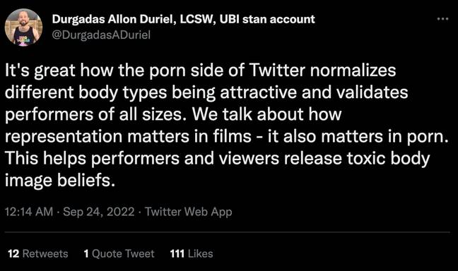 However, Dee argues representation is getting better and that labelling and fetishisation is a reflection of society's desires not the views of the adult film industry itself. Credit: @DurgadasADuriel/ Twitter