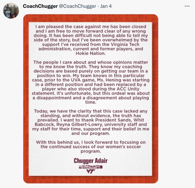 Adair acknowledged the settlement on Twitter, but didn't address the payment to Kiersten Hening. Credit: @CoachChugger/Twitter