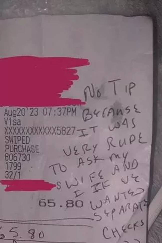 Server called 'rude' by customer in a message on a receipt