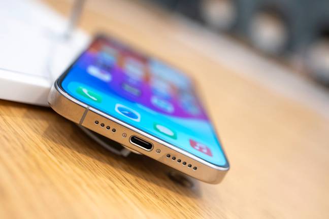iPhone 15 introduced a universal USB-C port. Credit: Ming Yeung/Getty Images