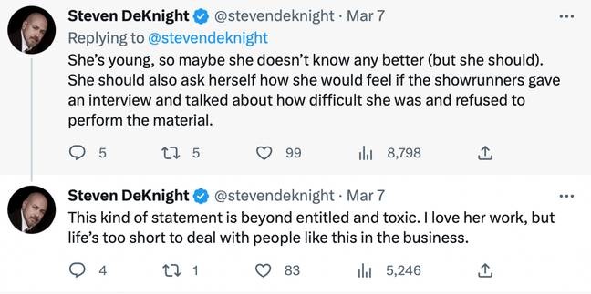Steven DeKnight publicly blasted the 20 year old in a series of tweets. Credit: Twitter/ Steven D Knight
