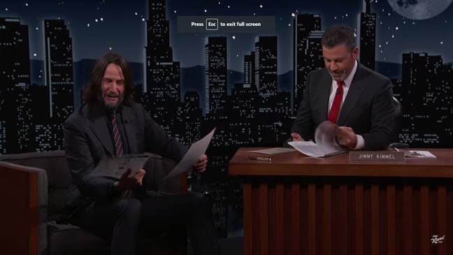 Reeves was handed the documents to apply for US citizenship. Credit: Jimmy Kimmel Live/ YouTube 