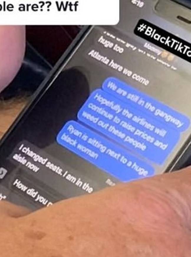 A plane passenger brutally shamed a 'racist' man after catching him send a text message complaint about sitting next to a ‘huge black woman’. Credit: TikTok/@taila.thecreator