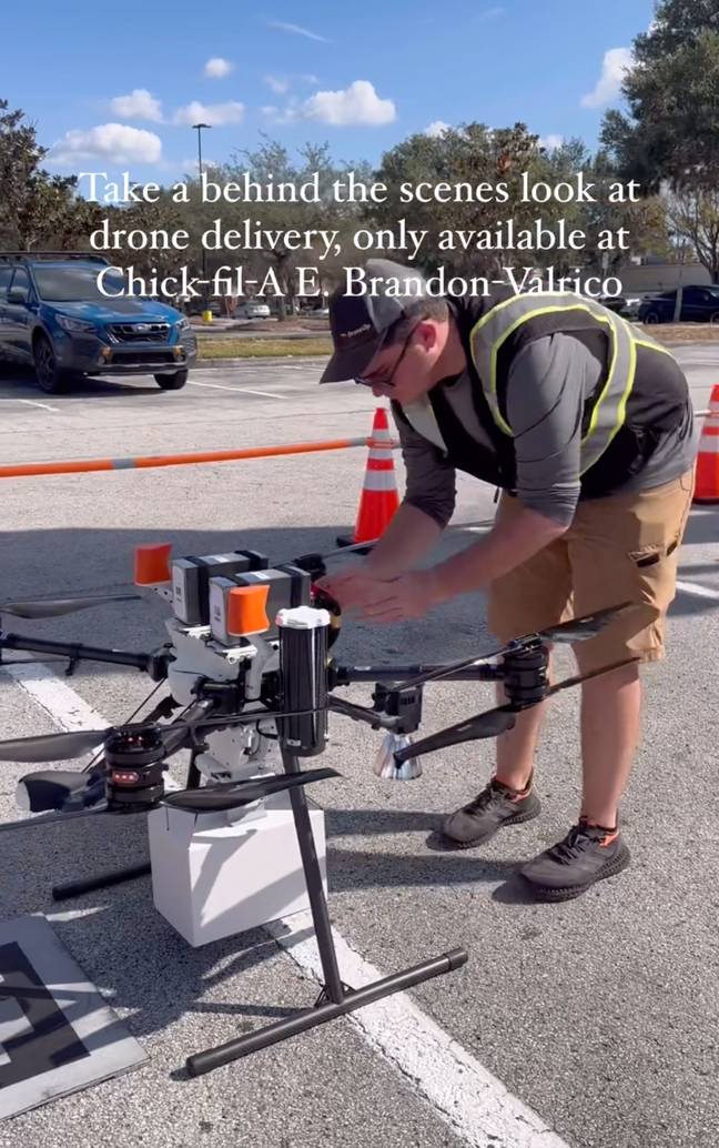 The fast food chain has partnered with DroneUp to offer the drone delivery service. Credit: Instagram/@chickfila_valrico