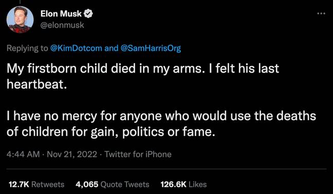 Musk claims his firstborn child passed away in his arms. Credit: @elonmusk/ Twitter