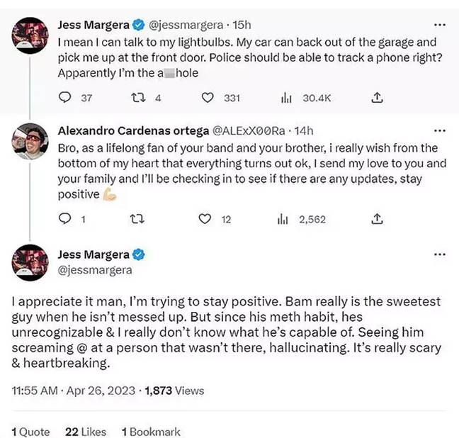Bam Margera's brother Jess shared the 'scary' incident that led to the Jackass star being on the run from police. Credit: Twitter