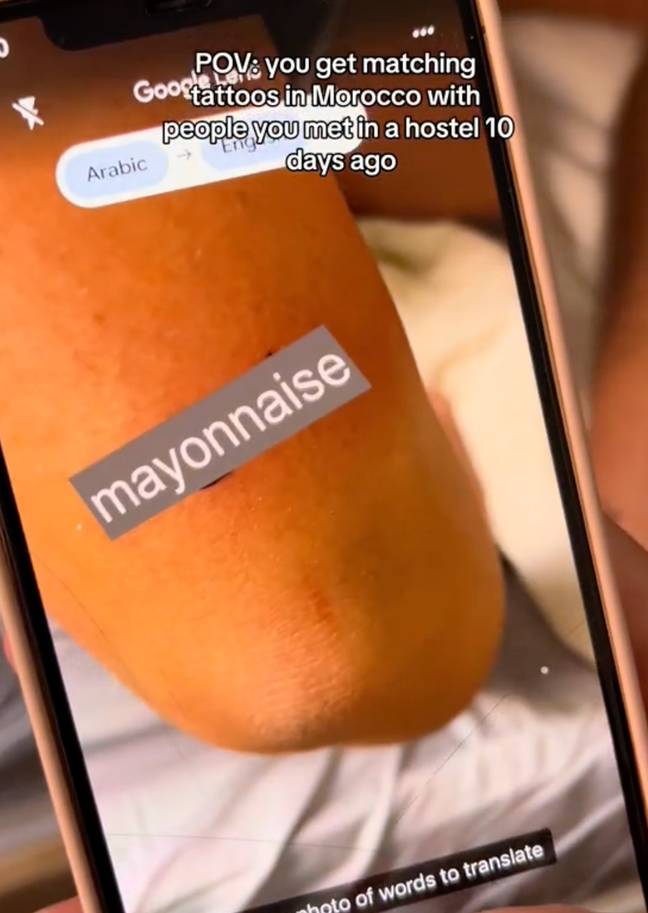 TikTok users even pointed out that the tattoo essentially writes out mayonnaise phonetically.Credit: TikTok/caitdelphine