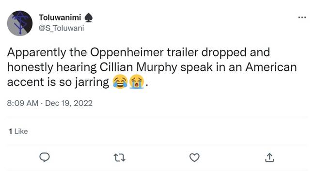 Some people thought it was pretty weird to hear Cillian Murphy with an American accent. Credit: Twitter/@S_Toluwani