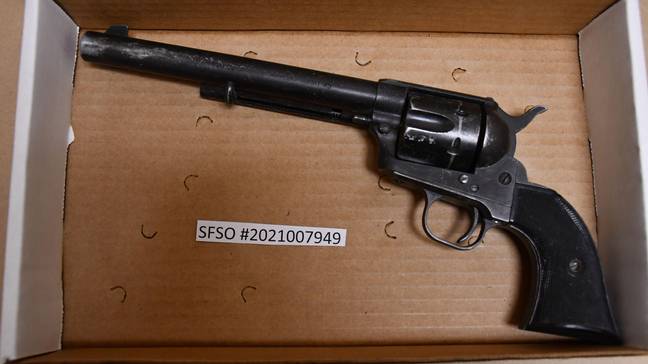 Image of the gun fired by Baldwin on the Rust set shooting. Credit: Zuma Press/Alamy Stock Photo