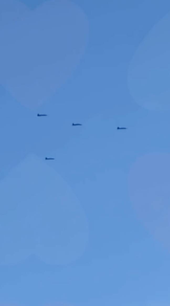 Towards the end of the clip is when things start to get proper weird as four fighter jets - all of a sudden - start travelling in the direction of the 'UFO'. Credit: TikTok/@ufotracker