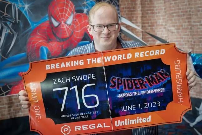 Zach broke the previous record of 715 when he watched Spiderman: Across the Spiderverse. Credit: Facebook/Regal Cinemas