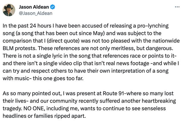 Jason Aldean has denied the allegations about his song. Credit: Twitter/@Jason_Aldean