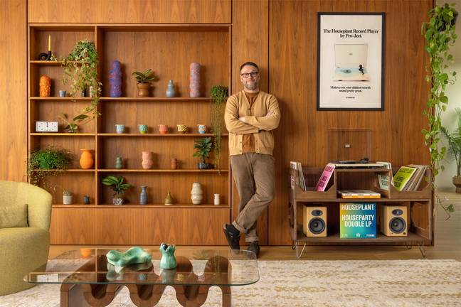 Rogen stood proudly with his homemade pottery collection. Credit: Airbnb