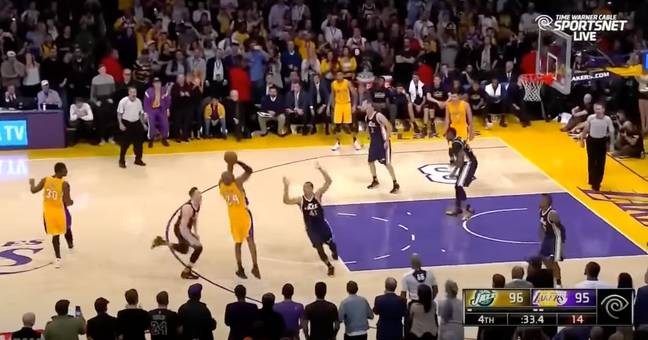 Bryant takes the shot that took the Lakers into the lead. Credit: YouTube / NBA Highlights