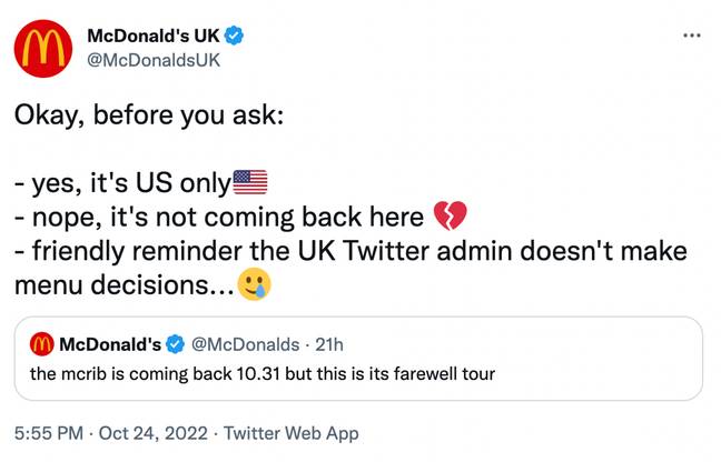 McDonald's reminded fans that the McRib will only be available in the US. Credit: @McDonaldsUK/Twitter