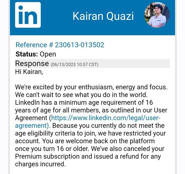 Kairan Quazi got this message from LinkedIn. Credit: Twitter/@kairanquazi1
