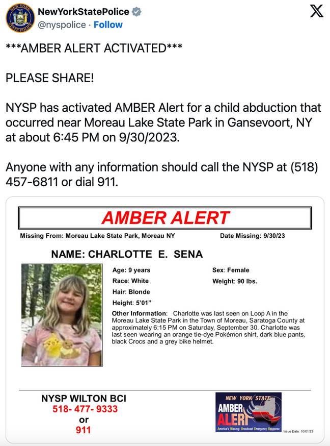 An amber alert has been issued. Credit: X/ @nyspolice