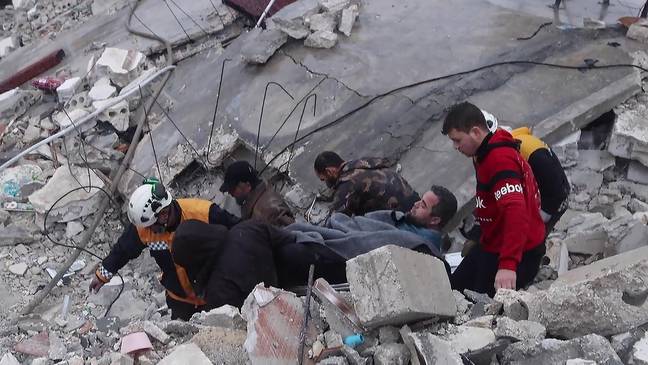 Rescue teams evacuate a victim pulled out of the rubble following an earthquake in Syria. Credit: UPI/Alamt
