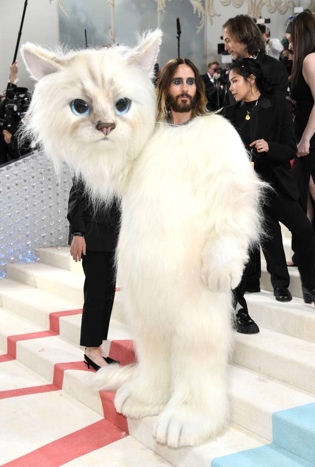 Someone came to the Met Gala dressed in a giant cat costume, it was Jared Leto. Credit: Associated Press / Alamy Stock Photo