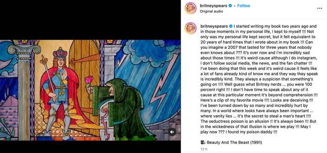 Britney Spears wrote a lengthy caption about her fans' suspicions. Credit: Instagram/@britneyspears