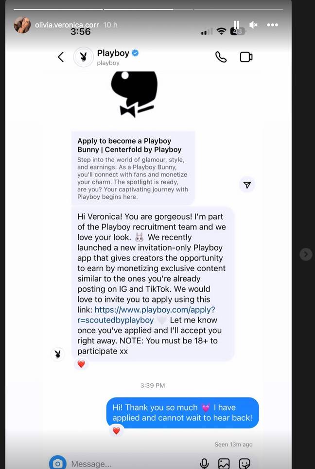 Playboy magazine appear to have reached out to Correia. Credit: Instagram/ @olivia.veronica.corr