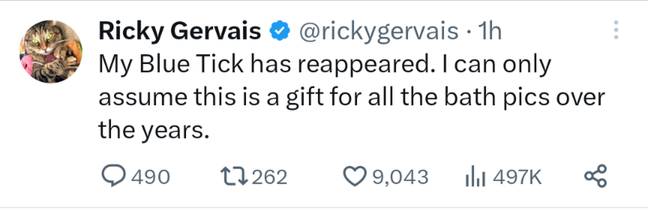 Ricky Gervais also noticed that his Blue Tick has reappeared. Credit: Twitter/@rickygervais