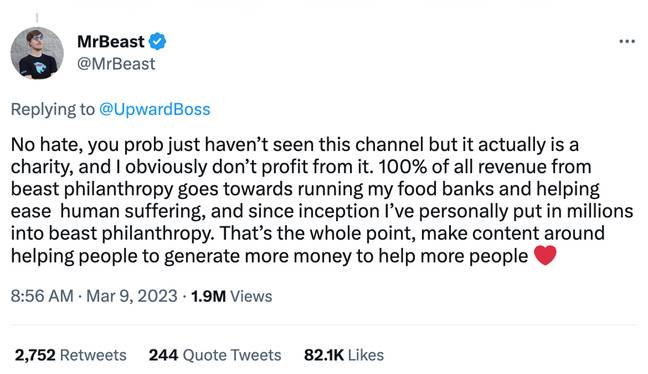 MrBeast directly responded to the Twitter criticism. Credit: MrBeast/Twitter