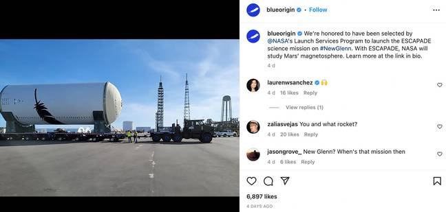 Blue Origin will conduct the mission on New Glenn. Credit: @blueorigin/Instagram