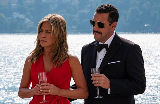 Adam Sandler with Jennifer Aniston in Murder Mystery 2. Credit: Netflix
