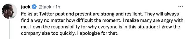 Jack Dorsey has apologized for Twitter employees losing their jobs. Credit: Twitter/@jack