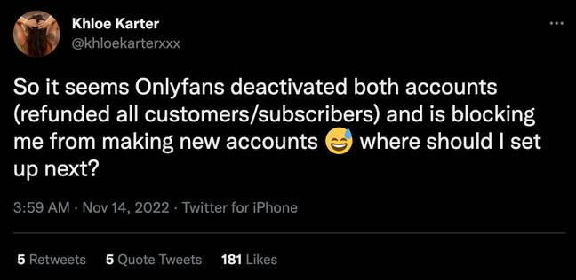 Peer claims OnlyFans is 'blocking' her from creating 'new accounts' too. Credit: @khloekarterxxx/ TikTok