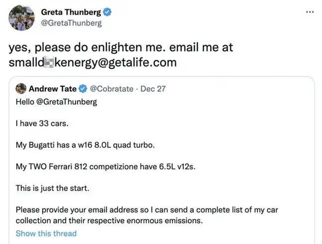 Greta Thunberg's roasting of Andrew Tate has made Twitter history. Credit: Greta Thunberg/Twitter 