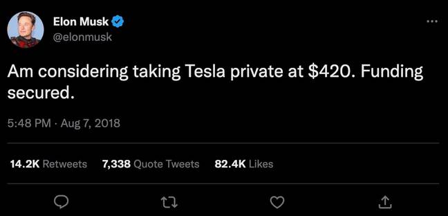 Elon Musk's 2018 tweet. Credit: Twitter