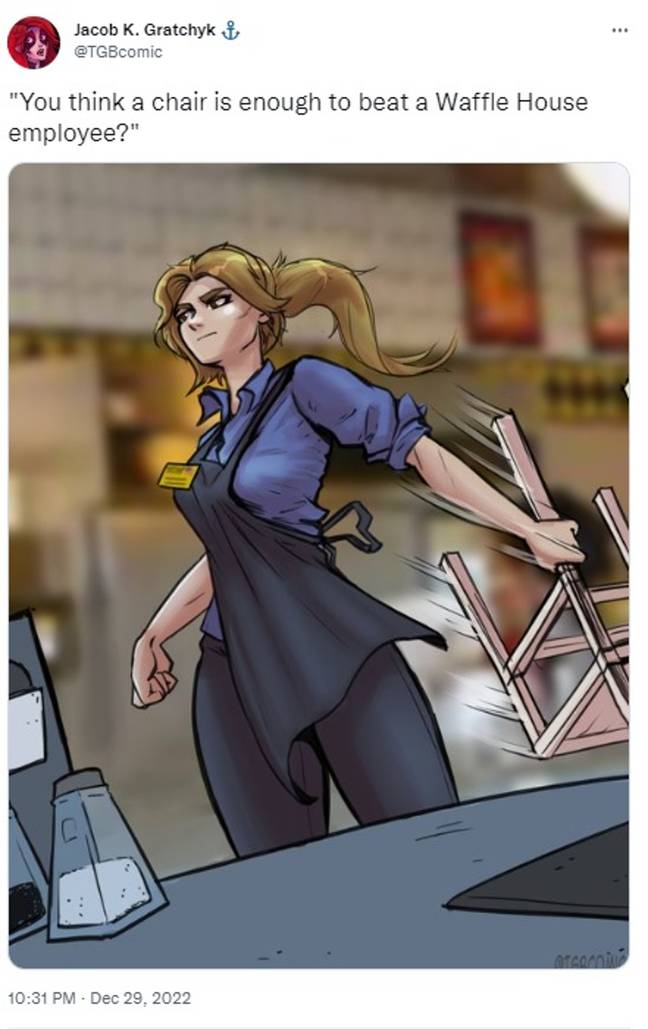 Dubbed 'Waffle House Wendy' (not her actual name), people soon made memes and fanart of the worker. Credit: Twitter/@TGBcomic
