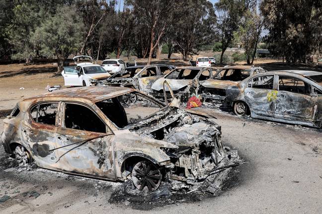 Cars were torched by militants at the Supernova Festival on 7 October. Credit: JACK GUEZ/AFP via Getty Images