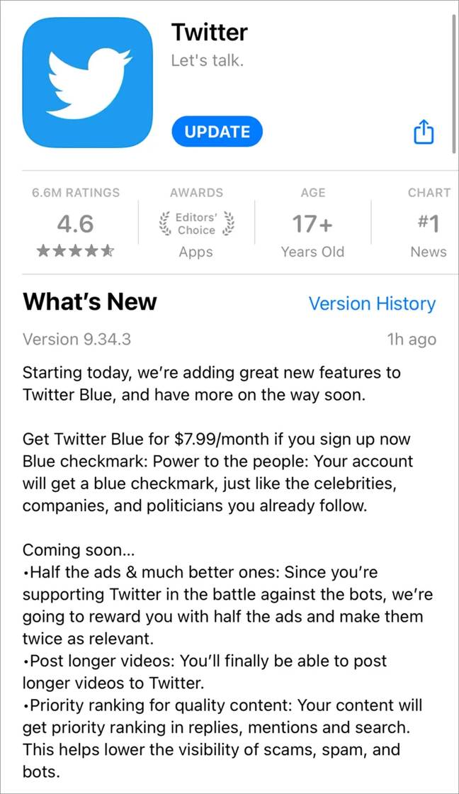 On Saturday 5 November, Elon Musk said the new features to Twitter Blue would be rolled out nationwide. Credit: App Store