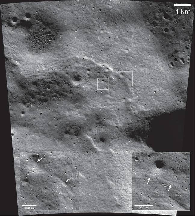 Certaines zones de la Lune sont plus sensibles aux glissements de terrain.  Source de l'image : NASA/LRO/LROC/ASU/Smithsonian Institution