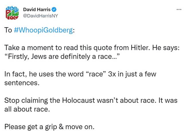 The CEO of the American Jewish Committee said Goldberg should 'stop claiming the Holocaust wasn't about race'. Credit: Twitter/@DavidHarrisNY