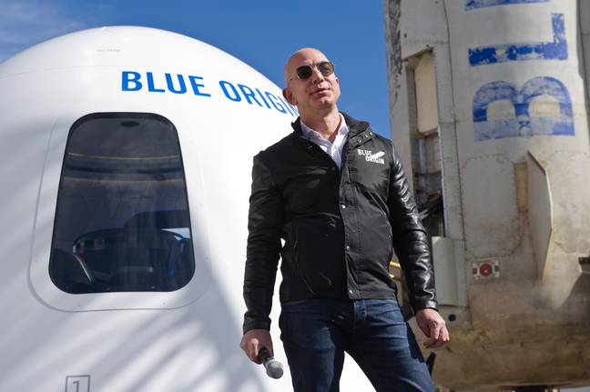 Jeff Bezos and his Blue Origin space shuttle. Credit: Chuck Bigger / Alamy Stock Photo