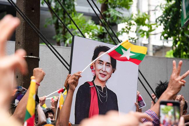 Protestors in support of Suu Kyi outside the Myanmar embassy in Bangkok. Credit: SOPA Images Limited / Alamy Stock Photo.