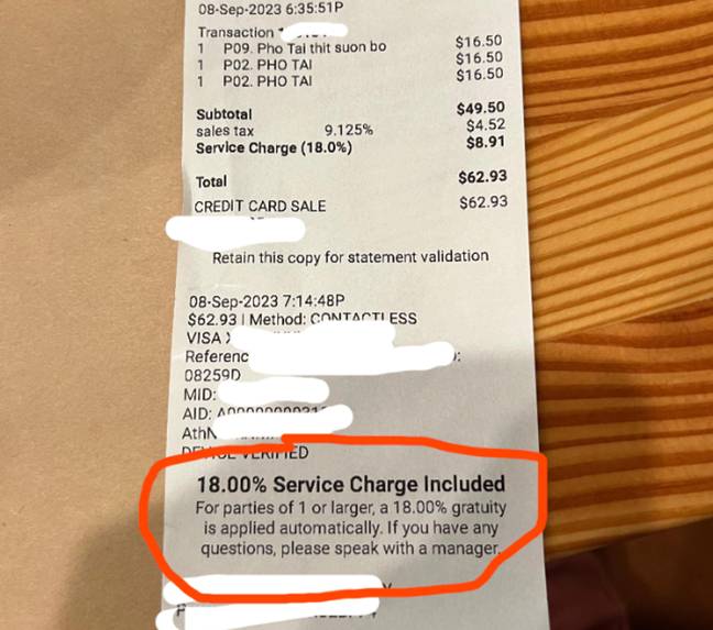 The bill has a 18 percent service charge for all customers. Credit: Reddit/TRTL2k