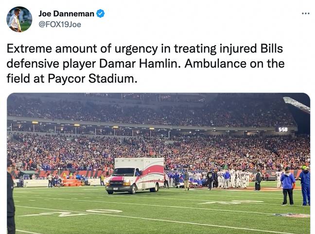 An ambulance was brought on to the field after Hamlin collapsed. Credit: @FOX19Joe/Twitter