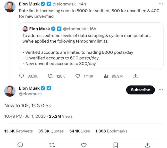 Elon Musk announced the changes to Twitter, with more views allowed for people paying for Twitter Blue. Credit: Twitter/@elonmusk