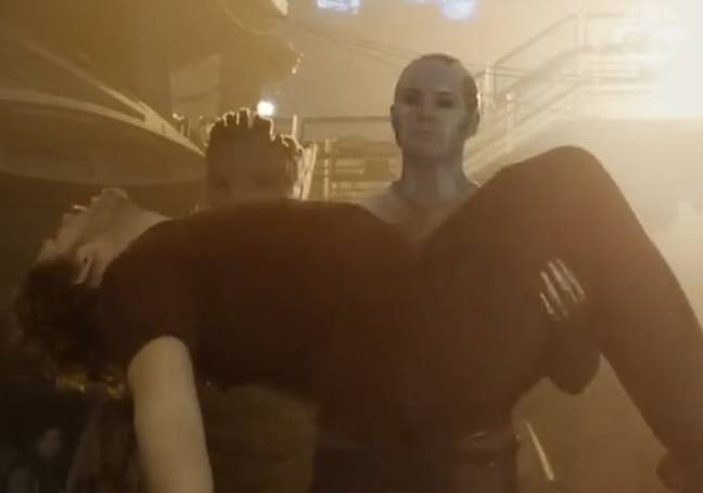 The body of Star Lord (Chris Pratt) being carried by Nebula (Karen Gillan) is not real, it's just a dummy. Credit: Disney