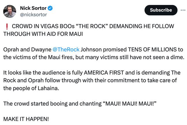 Nick Sortor claimed the crowd was booing Dwayne Johnson over the tragedy in Hawaii. Credit: X/@nicksortor
