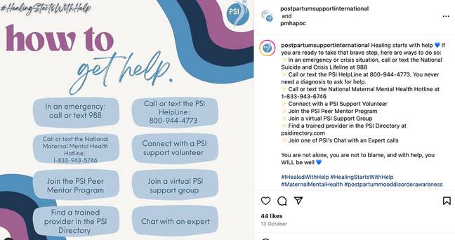 Support is available for post-partum psychosis. Credit: Instagram/@postpartumsupportinternational