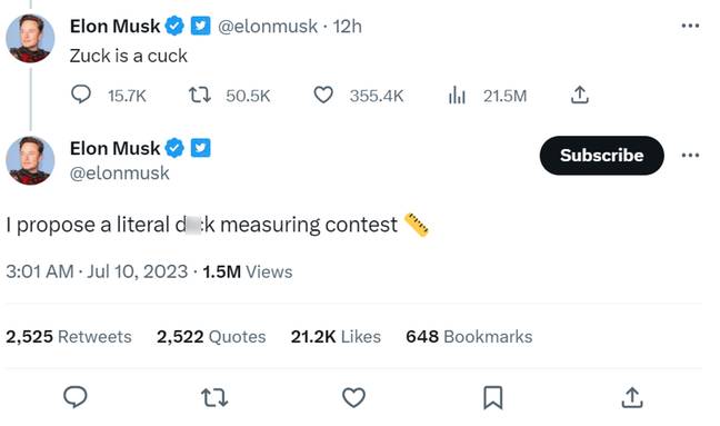 Elon Musk launched some bizarre insults at Mark Zuckerberg. Credit: Twitter/@elonmusk