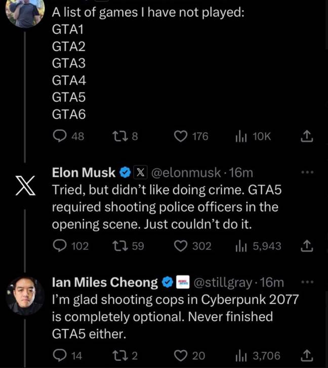Elon Musk said he didn't like the crime in GTA. Credit: X