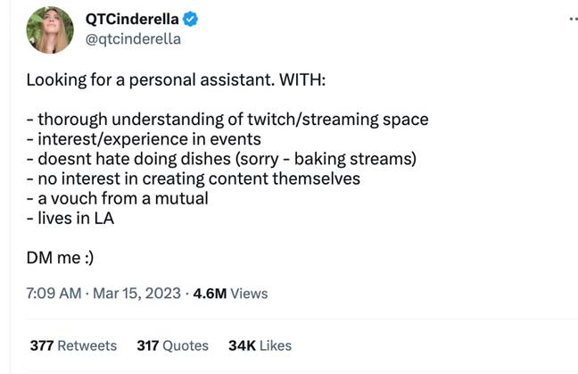 Twitch streamer QT Cinderella defends 'weird' requirement in job