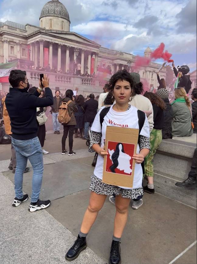 Sahar pictured in London earlier this month, protesting the death of Mahsa Amini. Credit: Sahar Zand